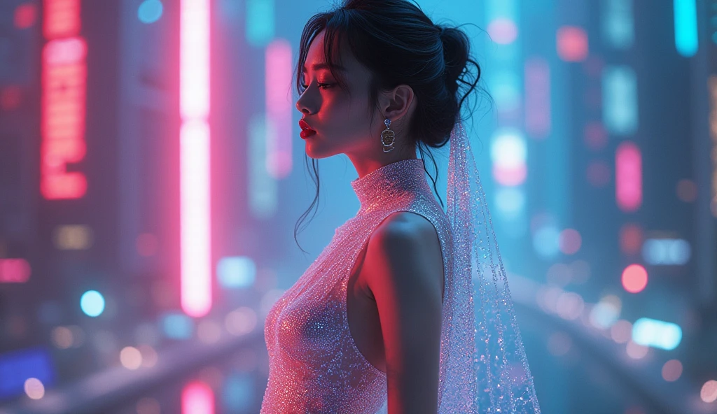 A stunning futuristic portrait of a 1 sissygirl dressed in a captivating nano-dress that reveals her figure. The sheer, iridescent material of the dress constantly shifts colors, creating a mesmerizing visual effect. The background showcases an abstract, surreal cityscape with floating skyscrapers and neon lights that add to the sci-fi ambiance. The overall composition exudes an alluring, erotic vibe with a touch of dreamlike enchantment.
