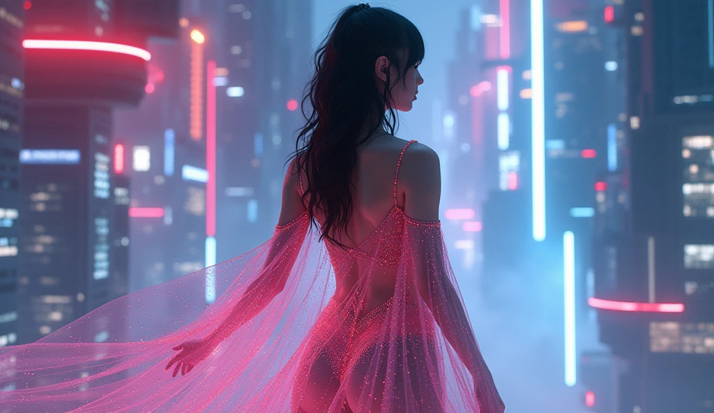 A stunning futuristic portrait of a 1 sissygirl dressed in a captivating nano-dress that reveals her figure. The sheer, iridescent material of the dress constantly shifts colors, creating a mesmerizing visual effect. The background showcases an abstract, surreal cityscape with floating skyscrapers and neon lights that add to the sci-fi ambiance. The overall composition exudes an alluring, erotic vibe with a touch of dreamlike enchantment.