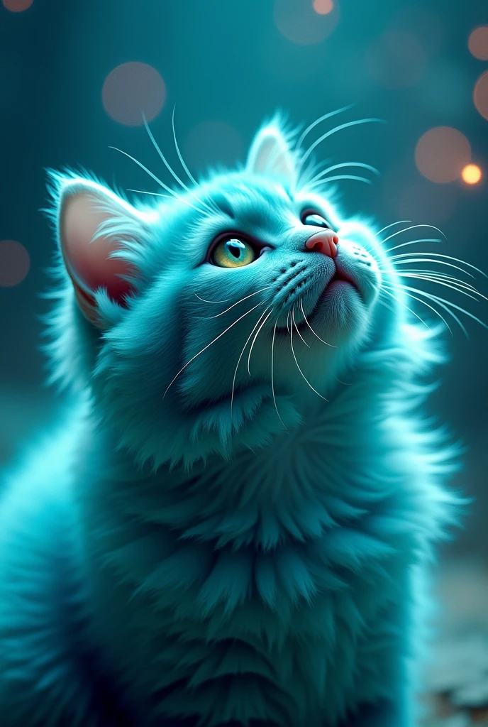 create a turquoise cat, fluffly, realisitic, he is looking up, An image seen from above, top to bottom angle, zooming in on the cat's face, Diving, angle height, the background is turquoise galaxy