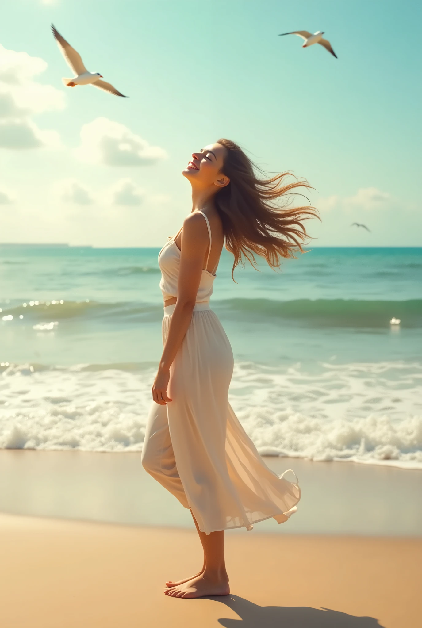 Free and happy woman facing in the sea