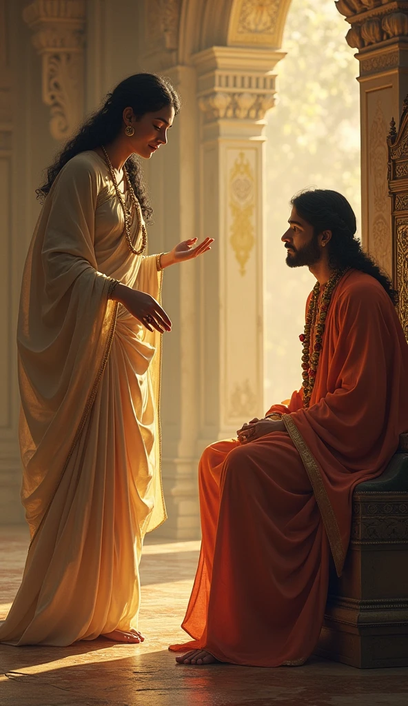 “Chhaya, the mother of Shani Dev, appears with a compassionate and gentle demeanor. She is dressed in a simple yet divine sari, with an aura of kindness around her mother.She approaches Shani Dev, who is still on his throne, and gently says, ‘Shani, control your gaze a bit.’ Shani Dev looks at his mother with respect and understanding, nodding in agreement. His expression softens as he promises to use his gaze only for justice and the protection of dharma.”