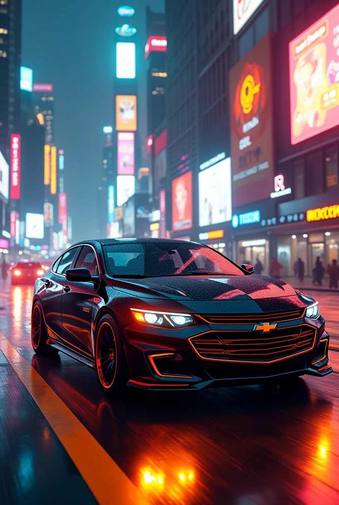 Black and ogrange chevrolet malibu 2022 in the neon city