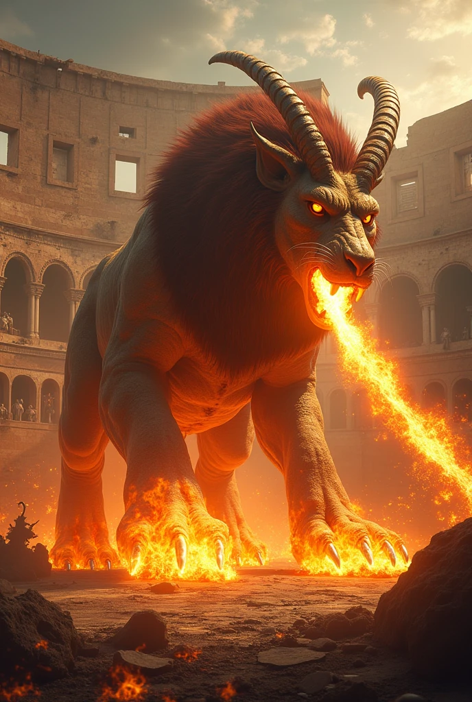 A chimera burning everything in the Colosseum, photo realist.
