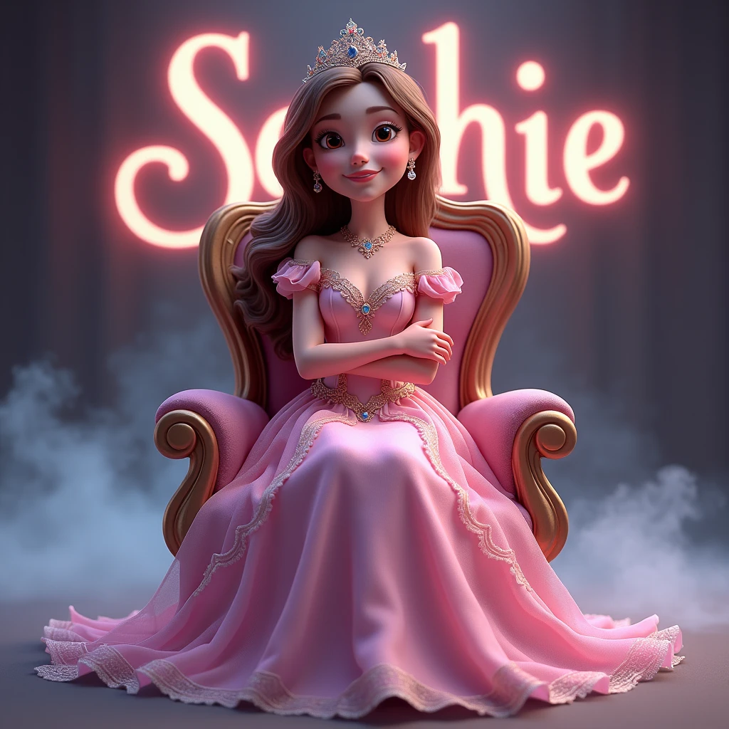 Create a disney princess animated avtar full body image where a woman wearing pink luxury princess dress and sitting on king size chair with crown 👑, she's crossing her hand, there is smoke in background a shadow. Make her name visible and clear In background the name "sophie" bold and glowing, showing in bold reflection in shadows.