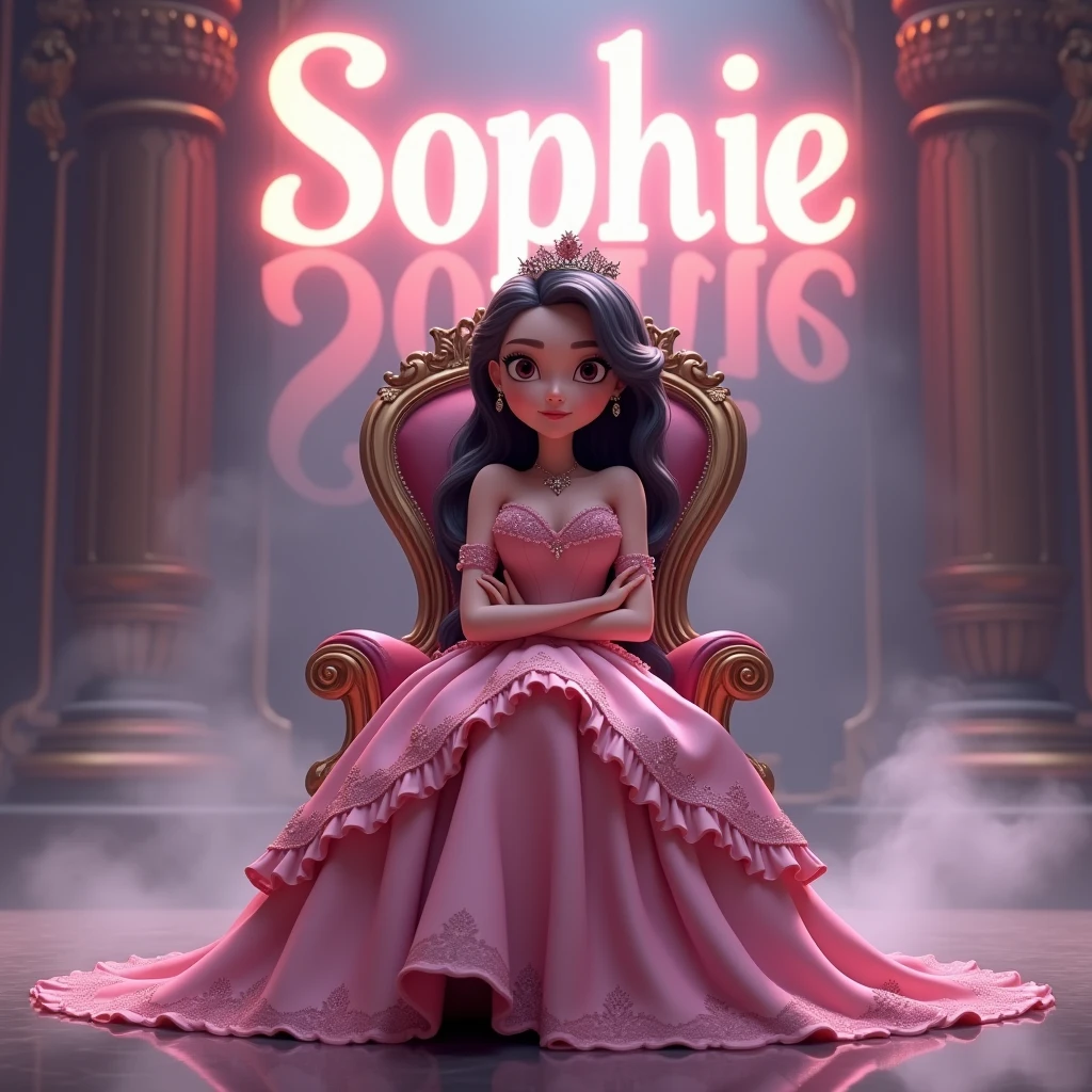 Create a disney princess animated avtar full body image where a woman wearing pink luxury princess dress and sitting on king size chair with crown 👑, she's crossing her hand, there is smoke in background a shadow. Make her name visible and clear In background the name "sophie" bold and glowing, showing in bold reflection in shadows.