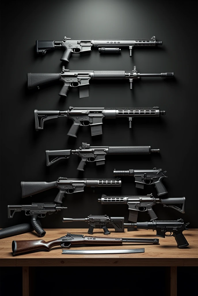 
a wooden table of  ash attached to a wall of color black with silver-colored guns of different sizes placed on it horizontally and vertically but in an order and samurai knives hanging on the wall, all in a color palette of silver, grey, and black, whole borders of image should to sparkles of grey shades , whole image should be in average light where the guns and knives should shine the image sholud realsiltic 