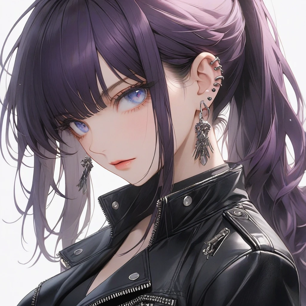 high resolution, Masterpiece, Anatomically correct, precise, qualityที่ดีที่สุด, quality, 1 woman, Age 25 years ,long hair, dark purple hair, blue eyes, ponytail, big breasts, full bangs , Dark makeup, A cold expression simple background, Close-up , Anime style,Wearing black leather jacket, Sharp eyes ,mature woman,piercings , ไฮไลท์ผม, ผมไล่สี, punk , rock