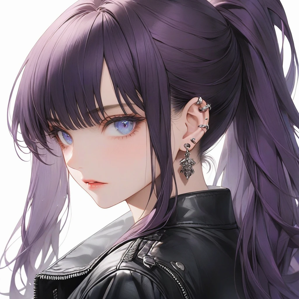 high resolution, Masterpiece, Anatomically correct, precise, qualityที่ดีที่สุด, quality, 1 woman, Age 25 years ,long hair, dark purple hair, blue eyes, ponytail, big breasts, full bangs , Dark makeup, A cold expression simple background, Close-up , Anime style,Wearing black leather jacket, Sharp eyes ,mature woman,piercings , ไฮไลท์​ผม, ผมไล่สี, punk , rock