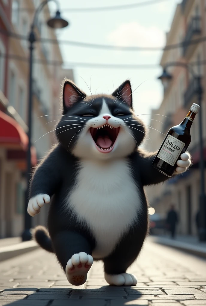 A black and white chubby cat with a bottle of alcohol is walking happily on the street drunk and singing music 3d