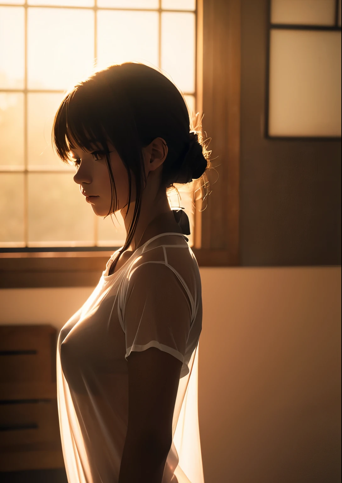 (best quality, masterpiece, high resolution:1.1),Use natural light and color, hyper detail clothes, high detailed anime image, cinematic light, 1 female , (silhouette of body:1.4),(transparent shirt:1.1), against light, erect nipples ,front view