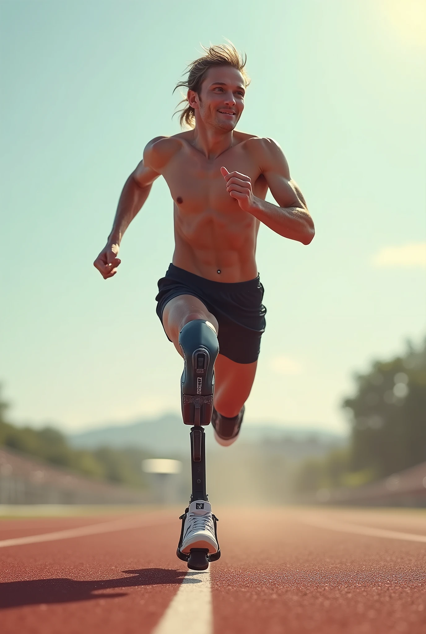A person with an amputated leg runs with an assistive running device.