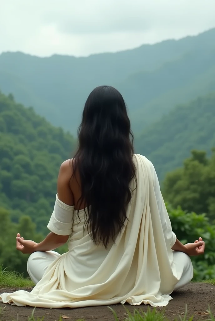 Indian goddess, sitting in meditation, seen from behind, lush green mountain landscape, in off-white cotton saree with blouse with sleeve, loose hair, long shot, no ornaments or jewellery