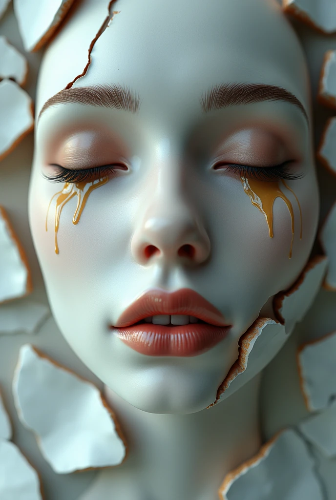 Illustration d'un visage de femme hyperréaliste en porcelaine, avec une composition modifiée pour un effet plus dramatique, artistiquement fracturé en morceaux irréguliers, avec des fissures visibles, des yeux fermés avec des larmes dorées, des cils foncés, des sourcils épais brun clair, un nez proéminent, des lèvres légèrement entrouvertes révélant les dents, une teinte rosée naturelle des lèvres, un éclairage doux et diffus venant d'en haut, et un arrière-plan flou avec des pièces de céramique fracturées.