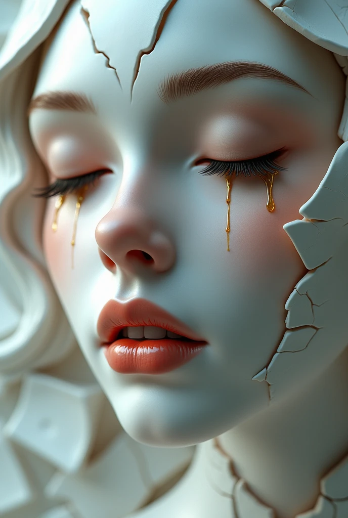Illustration d'un visage de femme hyperréaliste en porcelaine, avec une composition modifiée pour un effet plus dramatique, artistiquement fracturé en morceaux irréguliers, avec des fissures visibles, des yeux fermés avec des larmes dorées, des cils foncés, des sourcils épais brun clair, un nez proéminent, des lèvres légèrement entrouvertes révélant les dents, une teinte rosée naturelle des lèvres, un éclairage doux et diffus venant d'en haut, et un arrière-plan flou avec des pièces de céramique fracturées.