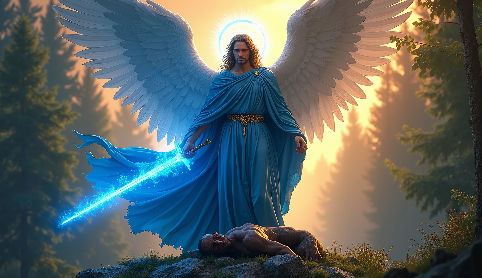 ultra realistic image of archangel michael blue cape, with his blue flame sword, stepping on the head of the demon who is lying prostrate on the ground, around his head a halo with blue light, convey depth, and many colors in the background contrasting with the blue, in the background a very green forest and a well-lit sunset