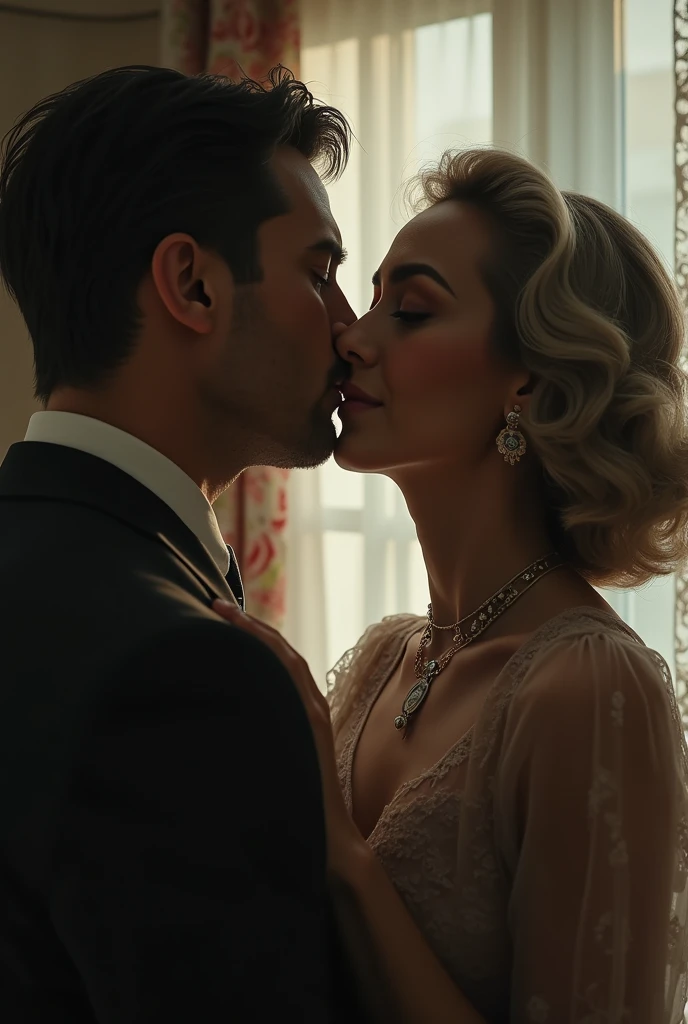 A man is kissing his aunt with a beautiful woman