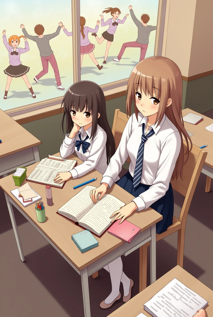 Two girls, classroom, they are sitting at school desk, There are test books, reading books, pencil cases and pens on top of their desk, girls look bored, one is 2 centimeters shorter than the other, The short one has straight and dark brown hair. she has bangs, her eyes are brown, she is wearing a white shirt and a striped blue tie. She has a black skirt and white pantyhose. Her shoes are black The taller one has straight hair and is a lighter brown than the other one, She doesn't have bangs. her eyes are brown, wearing a white crop collar and a striped grey tie, she has a black frilled skirt and knee-length black socks, her shoes are white. warm colors, male students fighting, female students dancing,