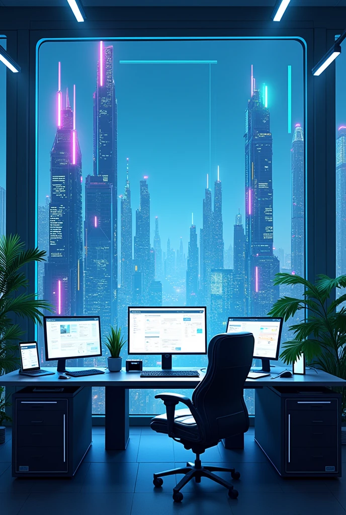 Create a digital illustration  The background is a futuristic cityscape with neon signs and holographic displays. The room has a tech-savvy setup with multiple screens, a few high-tech gadgets, and a plant for contrast. The lighting is cool and sharp, giving a sci-fi atmosphere.
