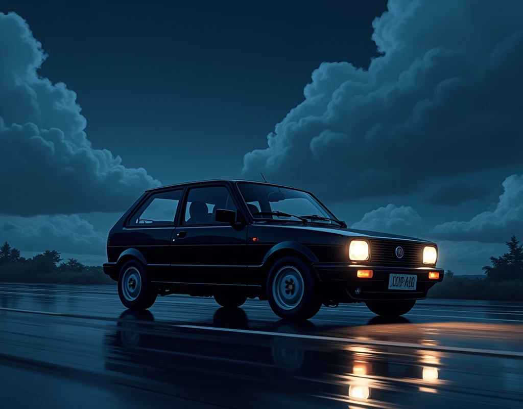 a fiat uno car, the night on a road, with black vinyl, The sky is cloudy, in anime style