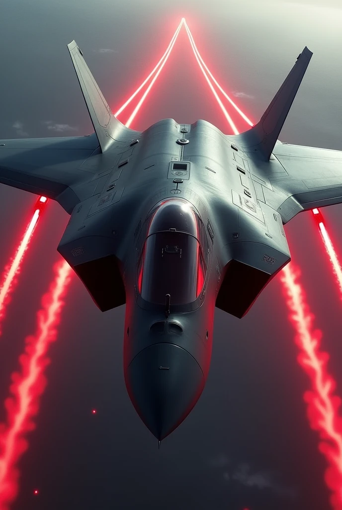 Generate an image of a black stealth plane which is firing red lasers. Model it after F35 and give a side view.