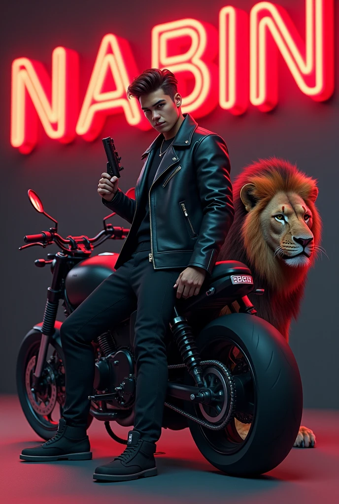 Create a 3D illustration for a profile picture where a 2 smart boy in a black jacket sitting casually on a hero 
bike. With a rifle on hand. And a ferocious Lion by my side. Wearing sneakersm He looks ahead. The Background features "NABIN  " in big and capital red neon light fonts on the dark grey wall. There should not be his shadow.
