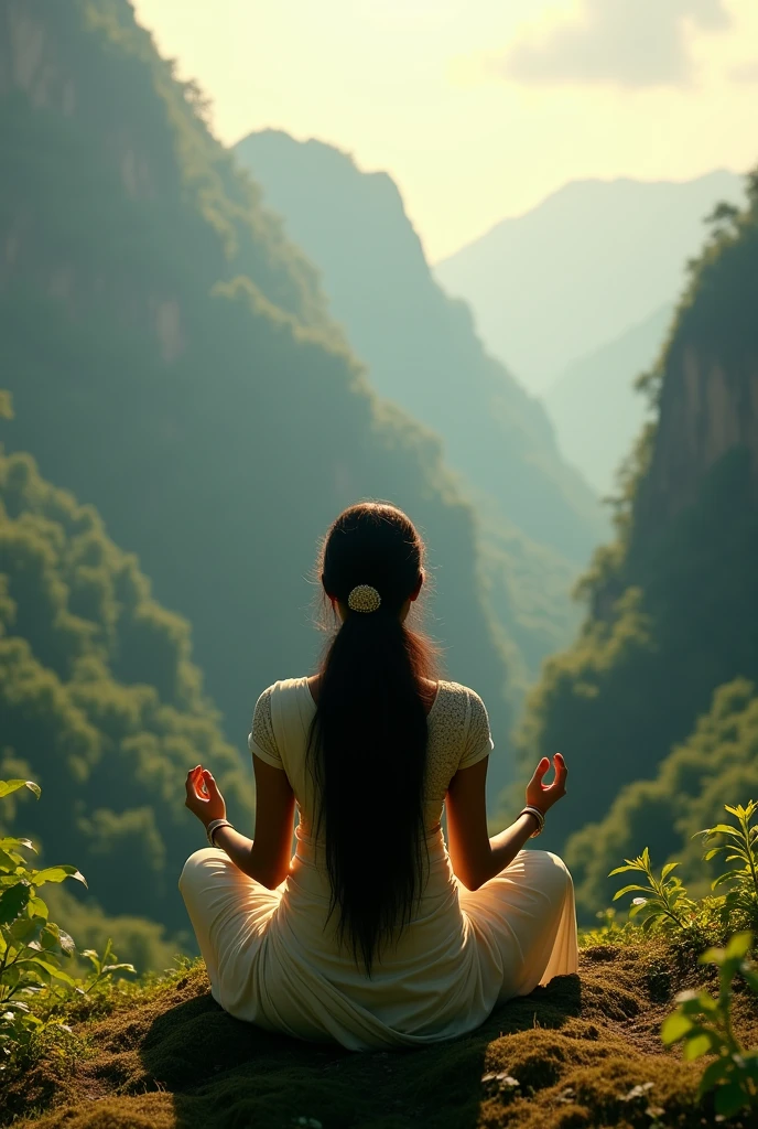 Indian goddess, sitting in meditation, seen from behind, lush green mountain landscape, in off-white cotton saree with blouse with sleeve, loose hair, long shot