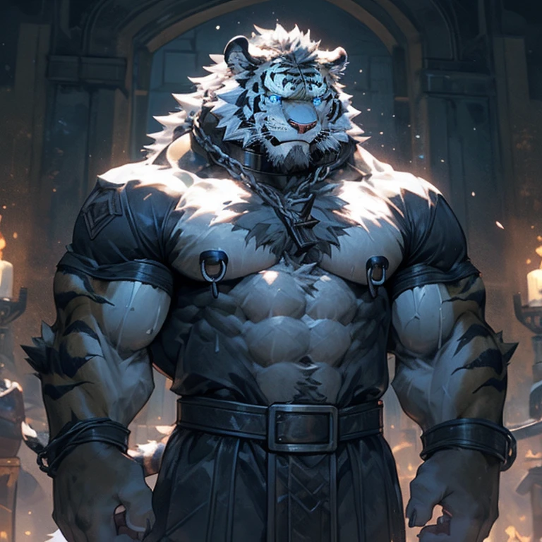 Sweaty, muscular, shirtless, dark castle, anthropomorphic chest hair, serious face（Scar on face） Mature （Blue eyes）Huge muscular torn abs wild wearing nipple rings and collars prisoner collars linked to chains and buckles ambitious black tiger,11'0 tall, king pose,detailed eyes, masterpiece 