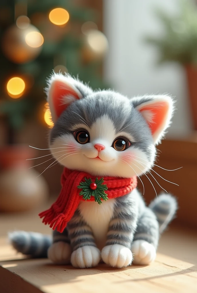 Create a Christmas cat plush, gray and white striped color, unique creation that transmits love and tenderness, that is available for sale.