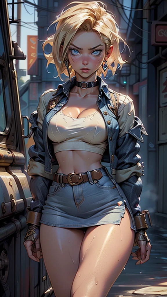 (((Android-18 from Dragon Ball Z))),Android 18,girl,(((1girl))),
(large breasts:1.4),saggy breasts,(((very straight short blonde hair,))),(((blue_eyes:1.3))),intricate eyes,beautiful detailed eyes,symmetrical eyes,big eyes:1.3,((fat)),(((lustrous skin:1.5,bright skin: 1.5,skin tanned,shiny skin,very shiny skin,shiny body,plastic glitter skin,exaggerated shiny skin,illuminated skin,wet legs))),(spider lower abdomen,narrow waist,wide hip,athletic body,inflated legs, thick thighs,detailed body,(detailed face)),big ass, thick thighs, slim curves, good anatomy,thick legs,
cute,slutty,seductive,erotic,(nsfw),stern facial expression,frown
((wearing a blue denim jacket and a shirt cropped white, open denim jacket,open clothes,open jacket,cleavage,collar bone,crop top)),((long sleeves,white sleeves,striped sleeves)),(midriff,navel),belt,(((blue jean skirt lifted,blue skirt,miniskirt))),,earring,
(dynamic pose:1.0),solo focus,,(centered,scale to fit dimensions,Rule of thirds),
((steampunk,industrial revolution)),scenery:1.25,((intricate scenery)),((steampunk, background)),
(Glossy steampunk ornaments),highres,sharp focus,(ultra detailed,extremely detailed),(photorealistic artwork:1.37),(extremely detailed CG unity 8k wallpaper),(((vibrant colors,vibrant theme))),(intricate),(masterpiece),(best quality),artistic photography,(photography taken by sldr),(intricate background),perfect rendered face,perfect face details,realistic face,photo realistic,((intricate detail)),(((realism))),