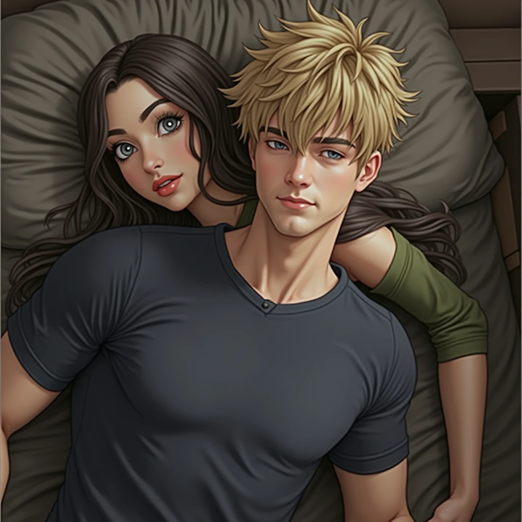 1 man, young man, 2, Leon S. Kennedy from the game "Resident Evil 4", Eudard Badaluta's face, solo, Dark blonde hair, Curtain hairstyle, navy t-shirt, lying on the bed, sporty, volumetric lighting, depth of field.
1 woman, young woman, beautiful, curvy but slim figure, long dark brown hair, blue eyes, green dress with 3/4 zip, lying on bed.