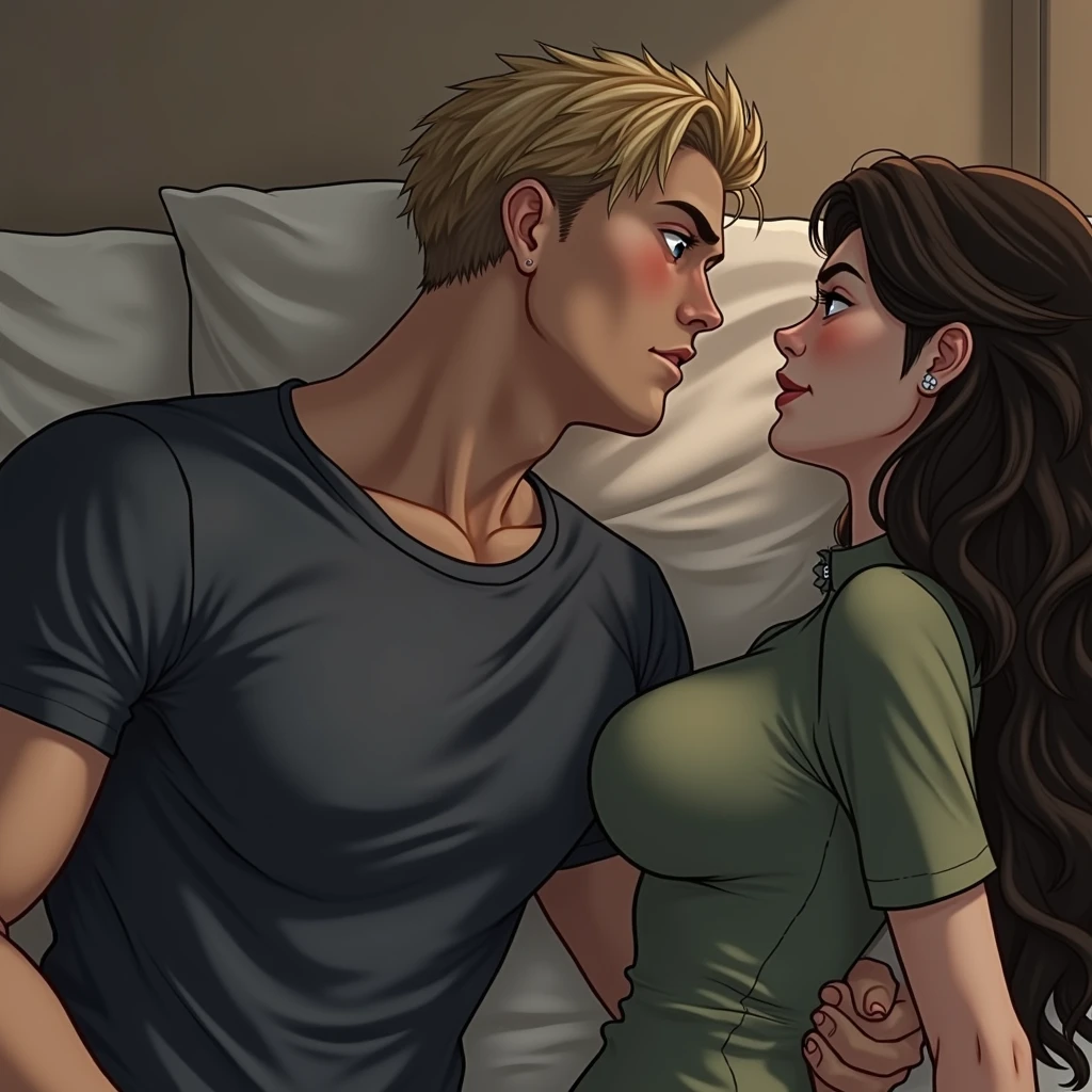 1 man, young man, 2, Leon S. Kennedy from the movie "Resident Evil 4", Eudard Badaluta's face, muscular, Dark blonde hair, Curtain hairstyle, navy t-shirt, lying on the bed, sporty, volumetric lighting, depth of field. 

1 woman, young woman, beautiful, curvy but slim figure, long dark brown hair, blue eyes, green dress with 3/4 zip, lying on bed.