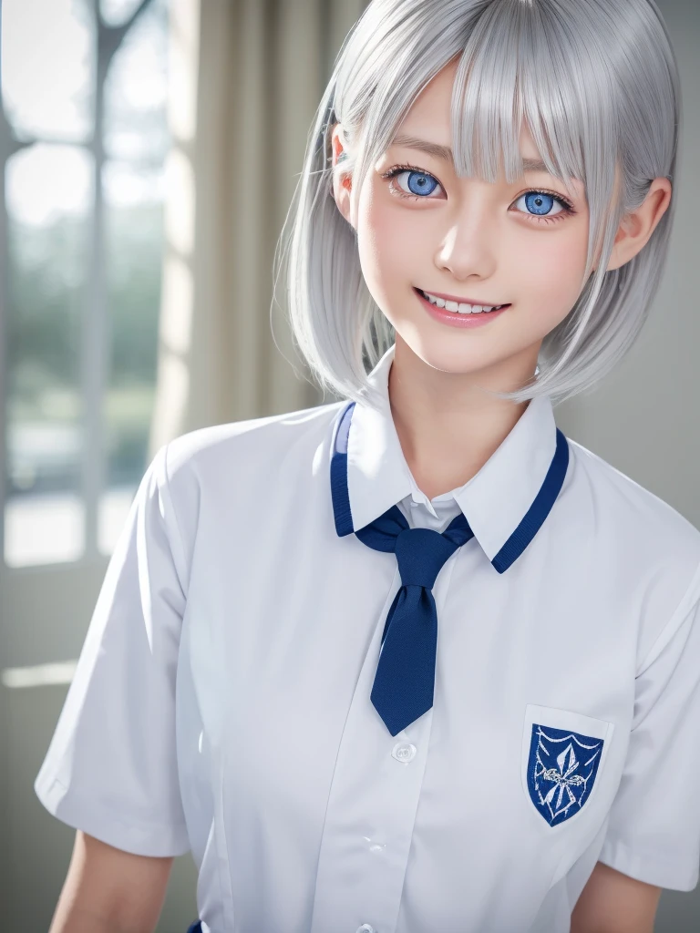 a young beautiful Japanese girl with short platinum silver hair,large pale blue eyes,droppy eyes,a balanced gaze,and a sweet smile,Nordic beauty,wearing a detailed school uniform,highly detailed and realistic, 8K,ultra-detailed,photorealistic,masterpiece,Highres fix,(Sexual climax:1.5)