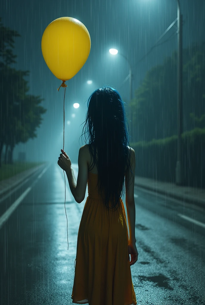 Middle of the rainy midnight there is with long blue dark hair dirty orange brown dress standing on the middle of road while holding a yellow ballon