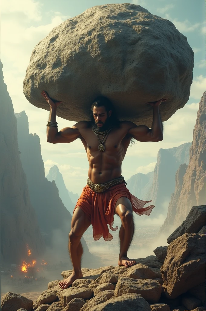 Hanuman Carrying the Mountain: This scene depicts Hanuman lifting and carrying the entire mountain to bring the Sanjeevani herb to save Lakshmana during the battle in the Ramayana.