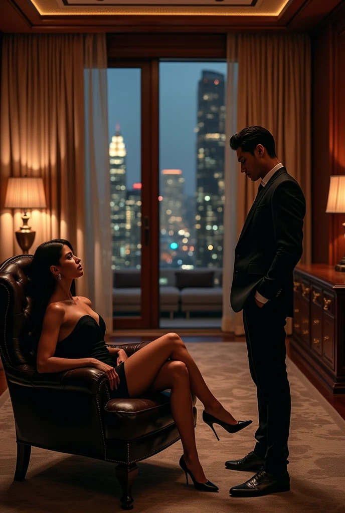 In an opulent, dimly lit office with rich mahogany furniture and an expansive view of the city skyline, Lady Vivienne Hawthorne, a sophisticated and seductive 40-year-old billionaire, sits provocatively on a luxurious leather chair. She’s dressed in a sleek, form-fitting dress that accentuates her curves, with a deep neckline that adds to her allure. Vivienne’s posture is deliberately enticing—she leans back slightly, one leg crossed over the other, her stiletto dangling from her foot as she gazes at Alex with a smoldering expression.
Across the room, Alex Tanaka, the young 1 intern, stands near the entrance, hesitating as he takes in the scene. He’s dressed in a smart, tailored suit, but his composure is visibly shaken by Vivienne’s provocative demeanor. Her eyes are locked onto his, silently inviting him to sit across from her, the air thick with tension and unspoken desire.
The office is tastefully decorated, with elegant art pieces and soft lighting that casts warm shadows, enhancing the intimate and charged atmosphere. The contrast between Vivienne’s poised, controlled seduction and Alex’s nervous anticipation is palpable, creating a scene that is both tense and irresistibly alluring. Highly detailed, soft lighting, provocative and intimate mood, 8K.