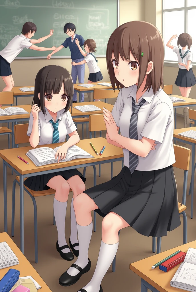 realistic, Two girls, classroom, they are sitting at school desk, There are test books, reading books, pencil cases and pens on top of their desk, girls look bored, one is 2 centimeters shorter than the other, The short one has straight and dark brown hair. she has bangs, her eyes are brown, she is wearing a white shirt and a striped blue tie. She has a black skirt and white pantyhose. Her shoes are black The taller one has straight hair and is a lighter brown than the other one, She doesn't have bangs. her eyes are brown, wearing a white crop collar and a striped grey tie, she has a black frilled skirt and knee-length black socks, her shoes are white. warm colors, male students fighting, female students dancing,