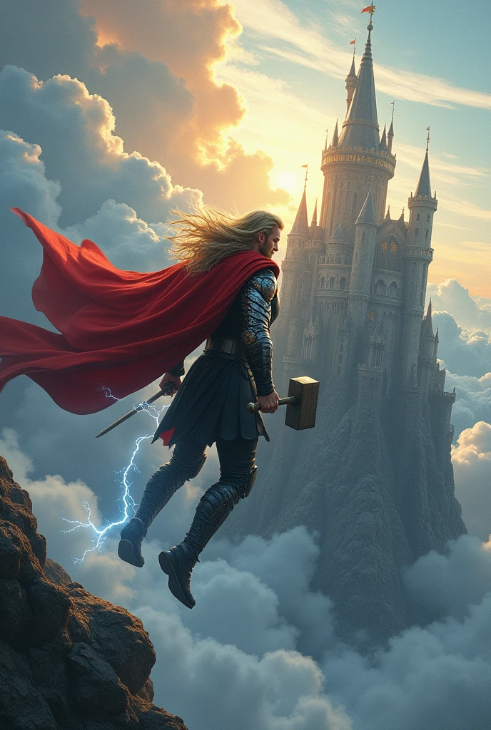Thor flying to a castle