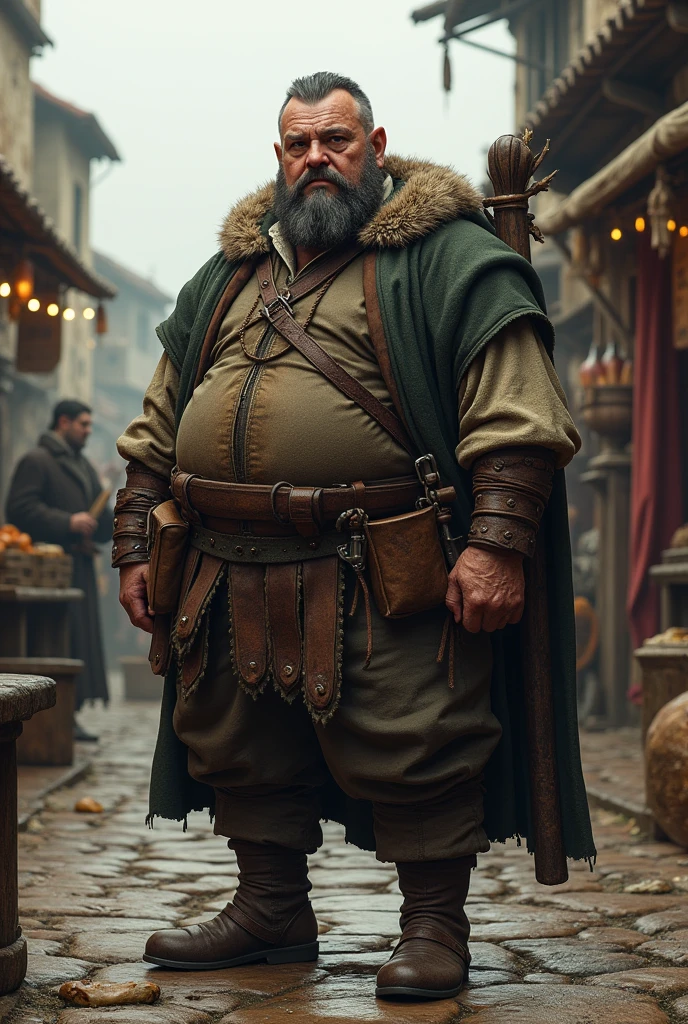 
Make a tall medieval merchant about 50 years old. He's unattractive but still masculine, overweight. Pale, Scandinavian complexion. Short, dark beard.