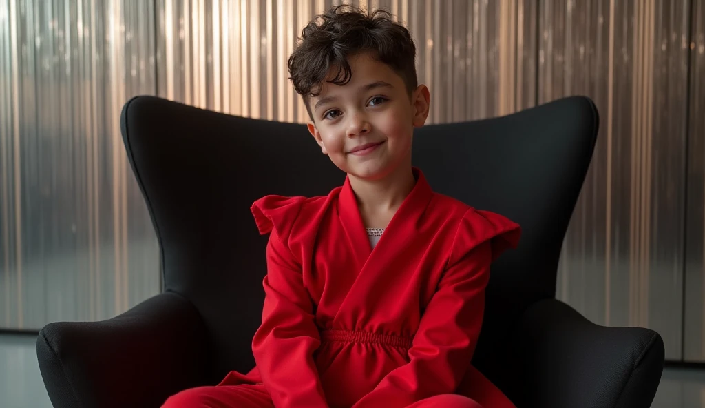 A boy wearing red dress sitting in black chair with his tiktok profile with 1 million followers and background there is wall and the wall is shining with the name ALEX 