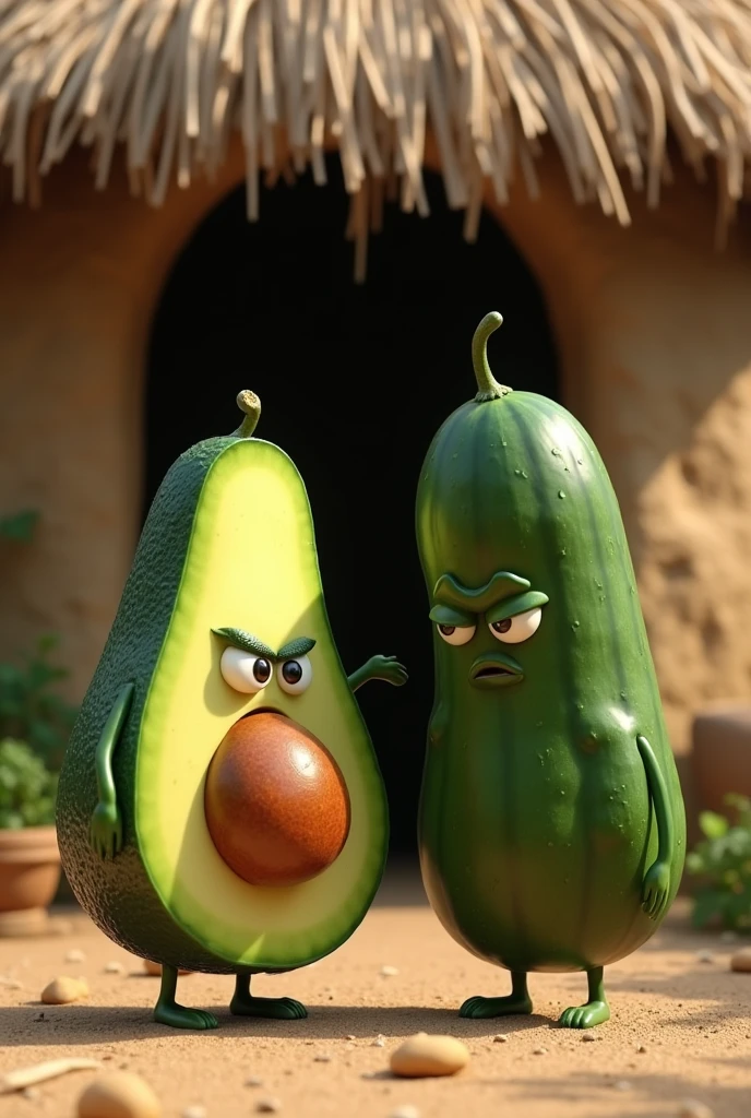 An angry-faced avocado with a sad-faced cucumber. Both are cute (They were dating but the avocado ended it) This scene must be realistic and be in front of a straw hut.
