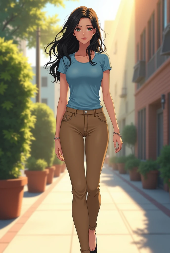 beautiful adult fit anime woman, very long wavy jet black hair, light blue t-shirt, tan side zip chino pants, small breasts, high heels, walking on the sidewalk, sunny day