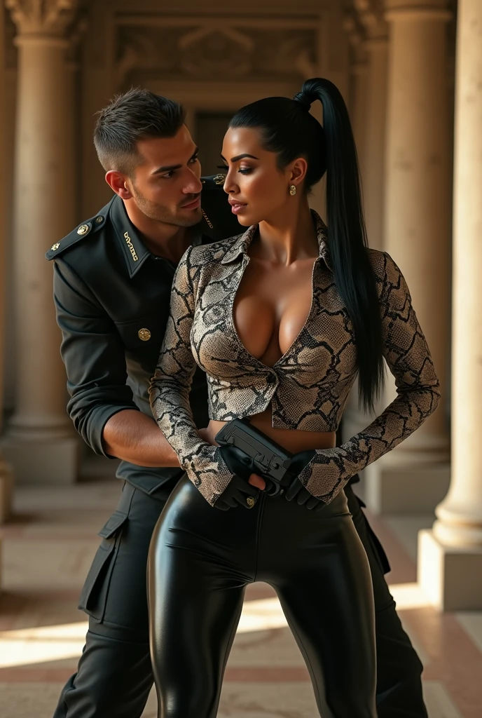 Kim Kardashian with straight black hair in a ponytail, she wears a tight snake pattern shirt with sleeves and collar, with large cleavage, She wears black latex leggings, in a temple, she fights with a soldier for a gun, her facial expression is aggressive