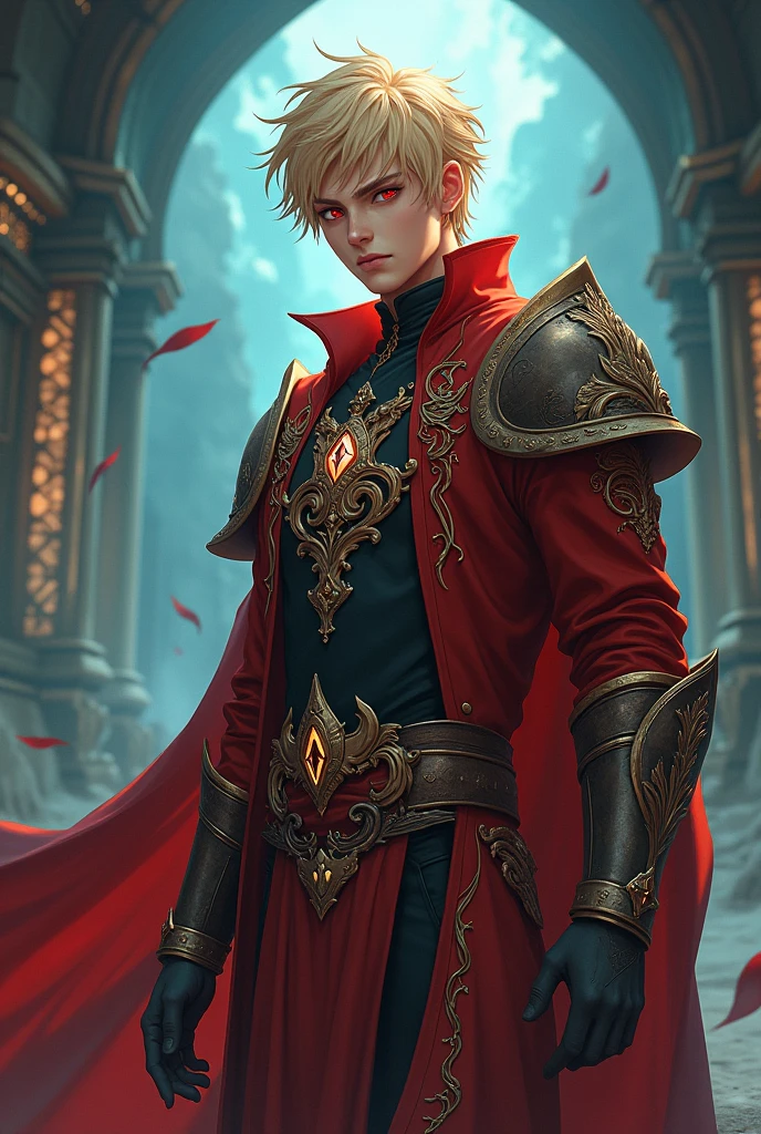 Animé, homme, pupille rouge, cheveux blond, séduisant, gardien de la clé de l’esprit, vêtement antique d’ancien gardien