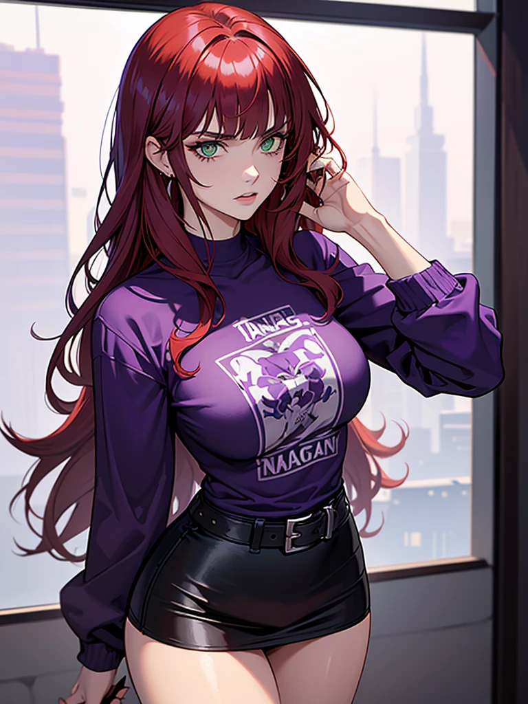 green eyes, red hair with long bangs, noble. wavy long hair. strong woman. she quiet. wear purple and black t shirt. dominant woman. mafia. mature woman. girl boss. badass woman. gangster. hair so long have bangs. gangster. wear purple t shirt and long white jacket laboratory