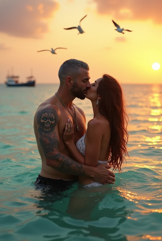 Realistic photography long shot full view couple in love inside the sea kissing Handsome man with shaved gray hair and short beard with skull tattoos carrying in his arms and kissing a Persian woman with beautiful face long light brown hair with waves both dressed in swimsuits and bikinis at a sunset with seagulls and boats in the distance