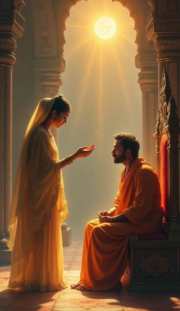 “Chhaya, the mother of Shani Dev, appears with a compassionate and gentle demeanor. She is dressed in a simple yet divine sari, with an aura of kindness around her mother.She approaches Shani Dev, who is still on his throne, and gently says, ‘Shani, control your gaze a bit.’ Shani Dev looks at his mother with respect and understanding, nodding in agreement. His expression softens as he promises to use his gaze only for justice and the protection of dharma.”