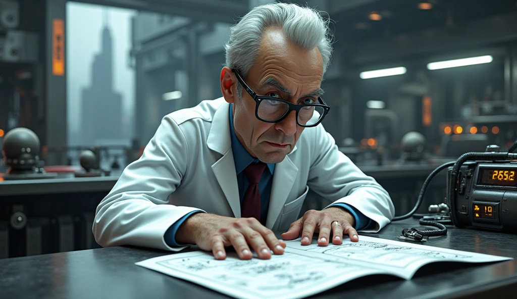 Realistic photo . Marvel style scientist in labaratorium wearing a lab coat and a very large head. Wearing glasses. Leaning over project blueprints.   The style is futuristic industrial. The drawing shows a skyscraper building.  