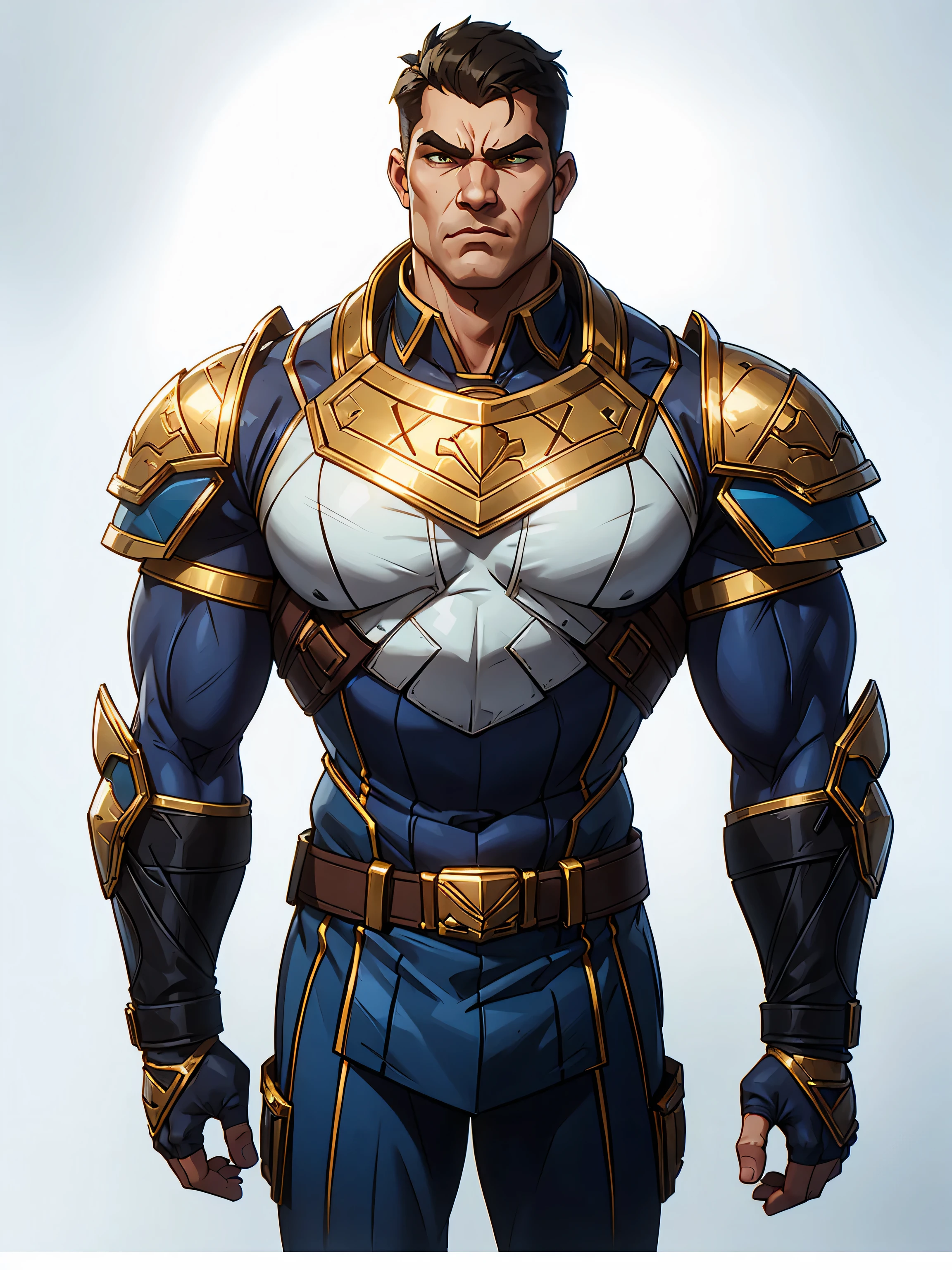 massively muscular male soldier in bulky blue armor, extremely exaggerated huge pauldron shoulder armor, golden eagle engraved on chestplate, grim expression, grimdark, ((upper body portrait)), frontal image, plain white background, standing