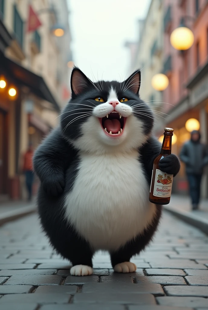 A black and white chubby cat with a bottle of alcohol is walking happily on the street drunk and singing music 3d