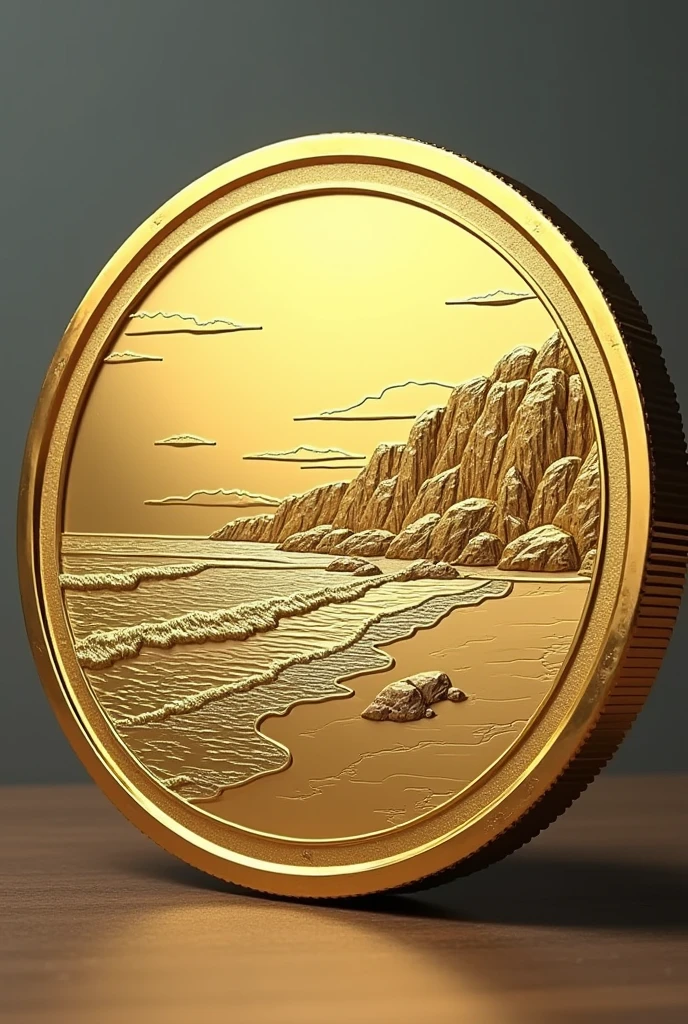 Gold coin with northeastern beach stamped on it, frontal image